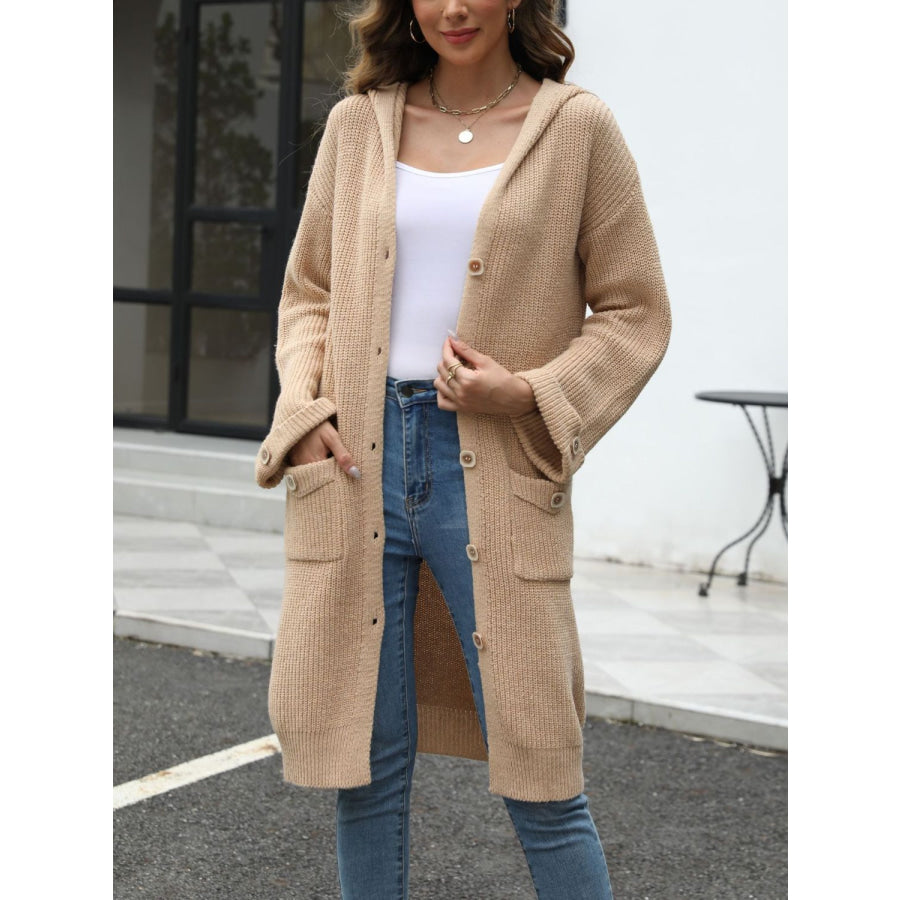 Pocketed Button Up Long Sleeve Hooded Cardigan Apparel and Accessories