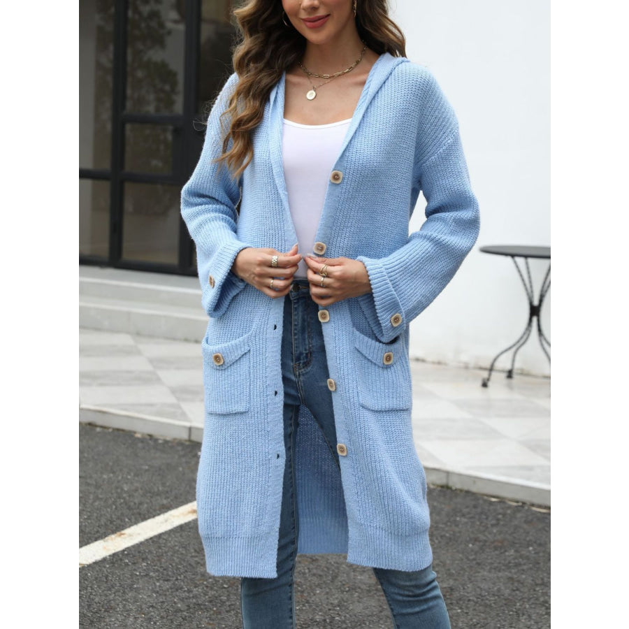 Pocketed Button Up Long Sleeve Hooded Cardigan Apparel and Accessories