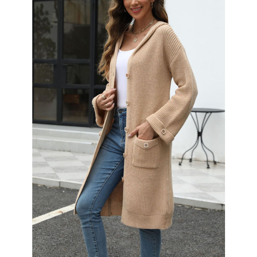 Pocketed Button Up Long Sleeve Hooded Cardigan Apparel and Accessories