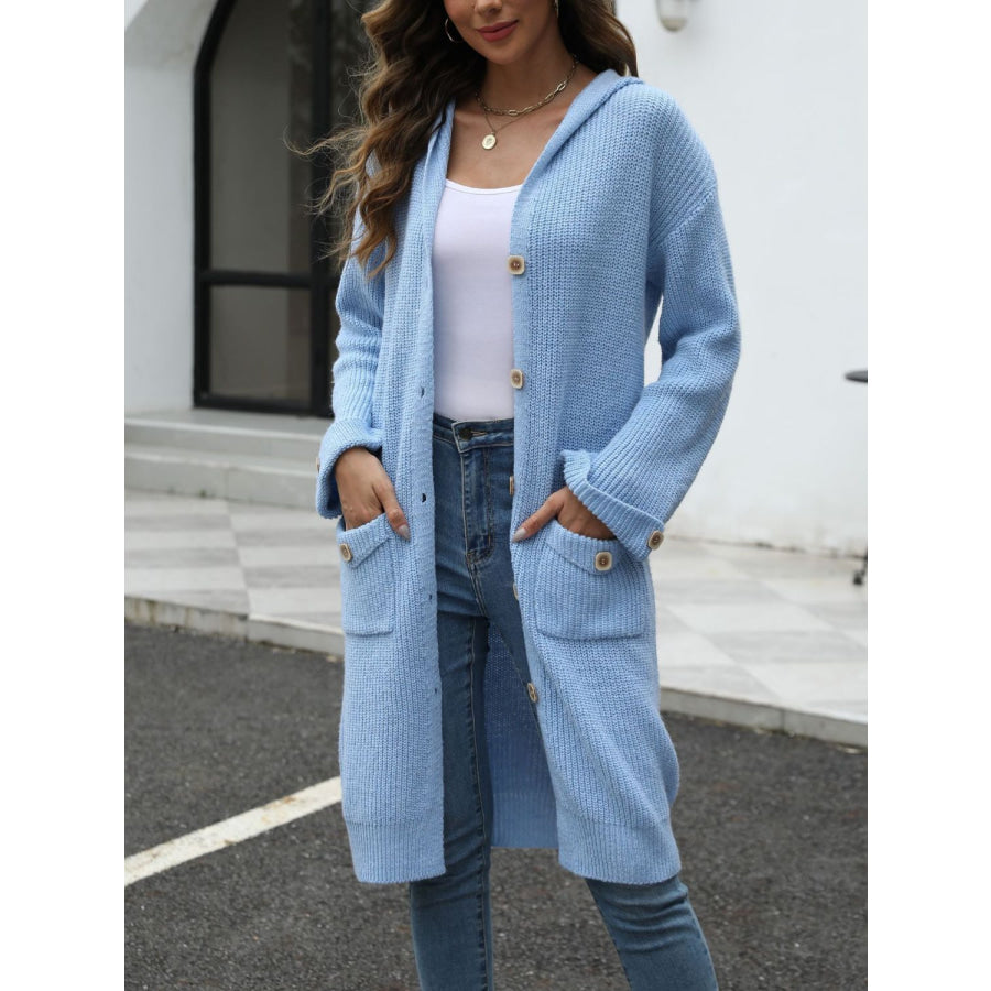 Pocketed Button Up Long Sleeve Hooded Cardigan Light Blue / One Size Apparel and Accessories