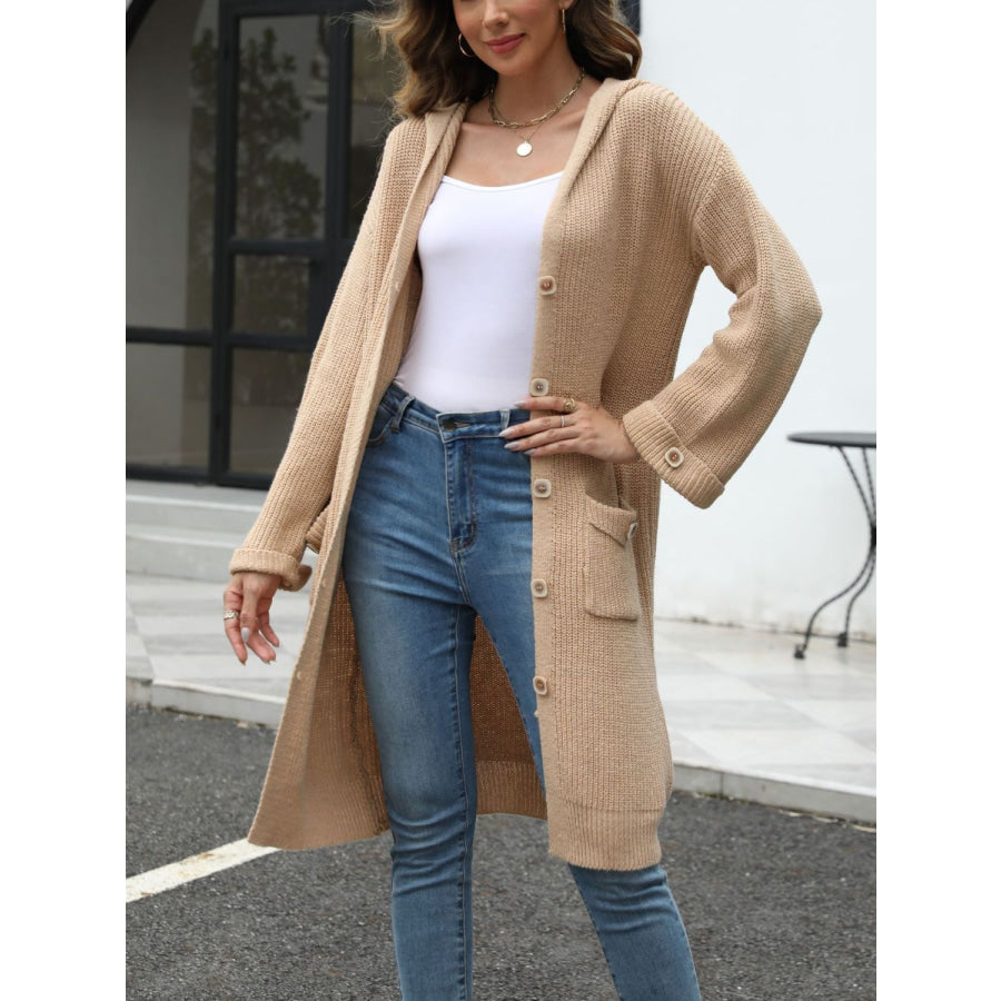 Pocketed Button Up Long Sleeve Hooded Cardigan Tan / One Size Apparel and Accessories