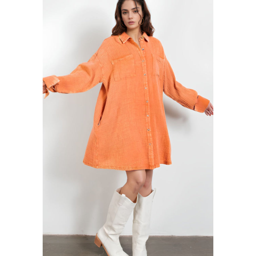 Pocketed Button Up Long Sleeve Shirt Dress Apparel and Accessories