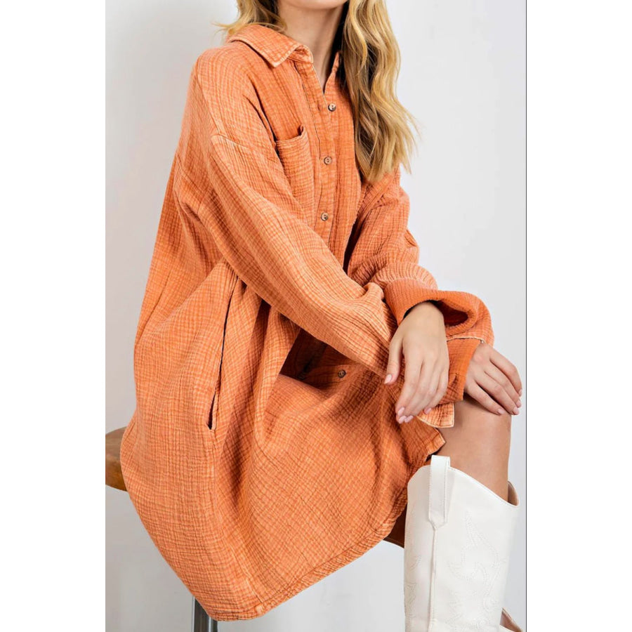 Pocketed Button Up Long Sleeve Shirt Dress Sherbet / S Apparel and Accessories