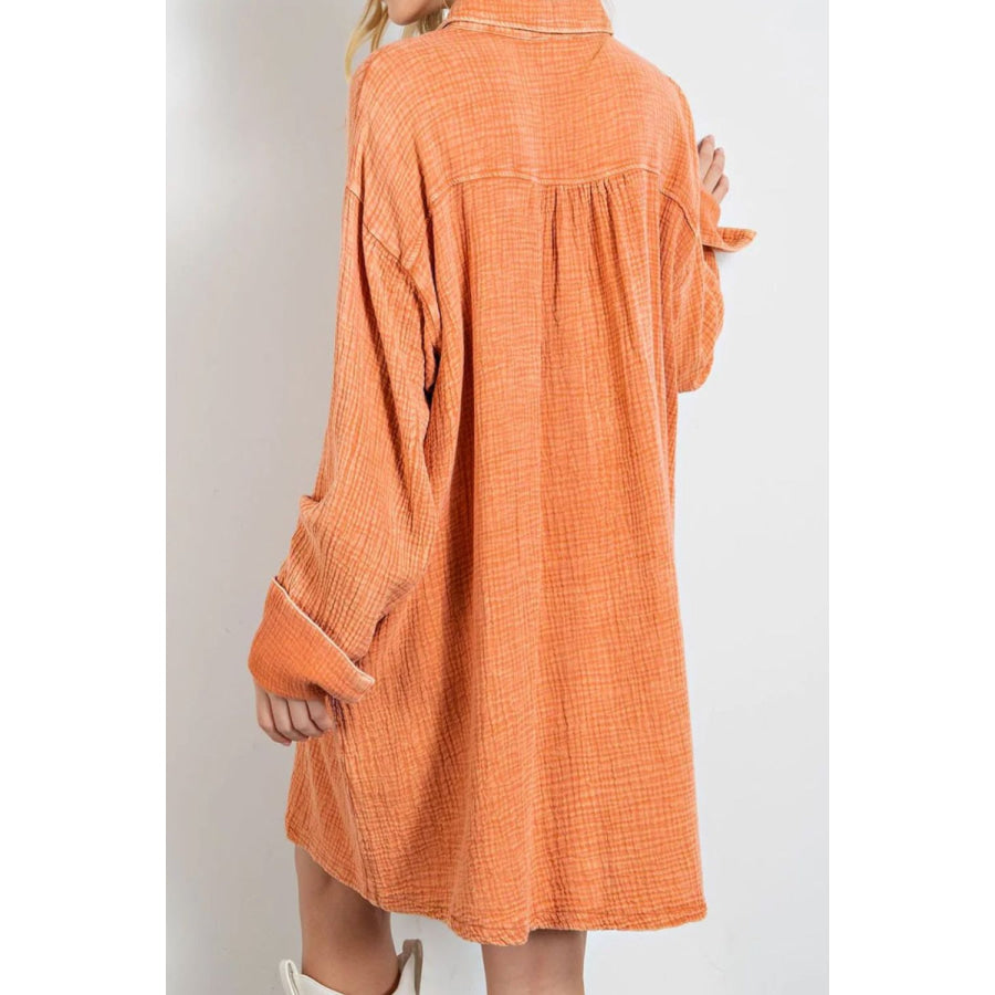 Pocketed Button Up Long Sleeve Shirt Dress Apparel and Accessories