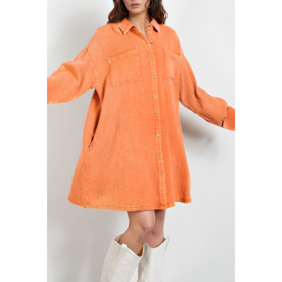 Pocketed Button Up Long Sleeve Shirt Dress Sherbet / S Apparel and Accessories