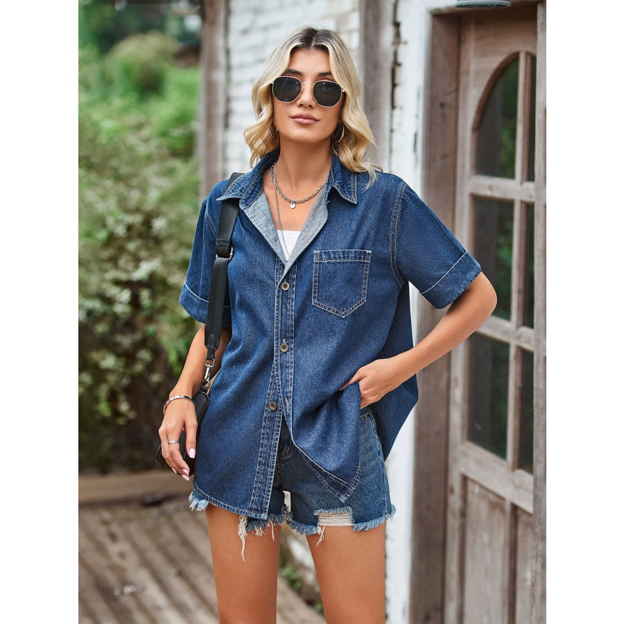 Pocketed Button Up Short Sleeve Denim Shirt Apparel and Accessories