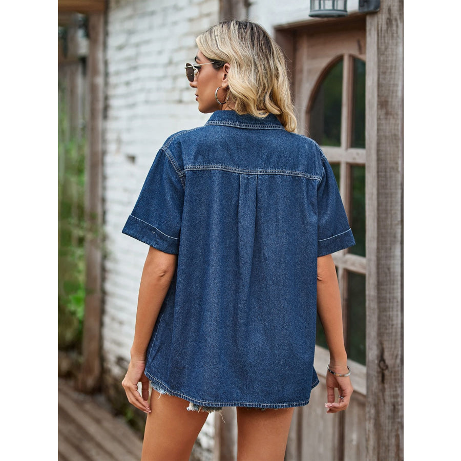 Pocketed Button Up Short Sleeve Denim Shirt Apparel and Accessories