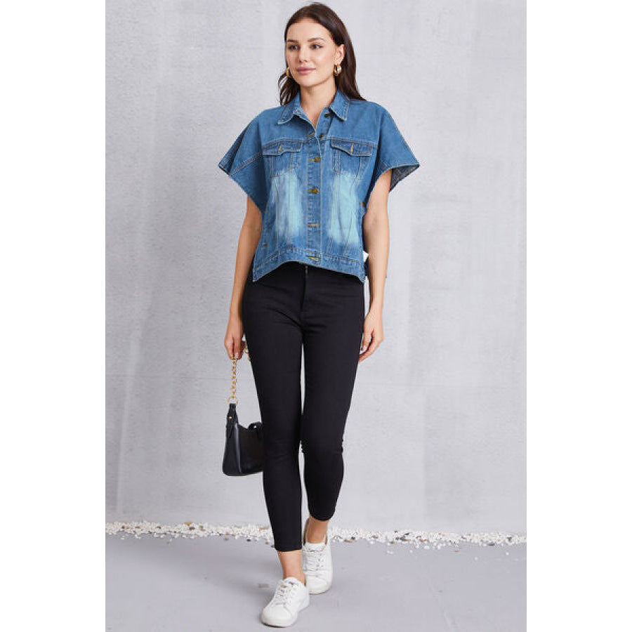 Pocketed Button Up Short Sleeve Denim Top Apparel and Accessories