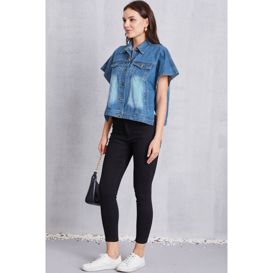 Pocketed Button Up Short Sleeve Denim Top Apparel and Accessories