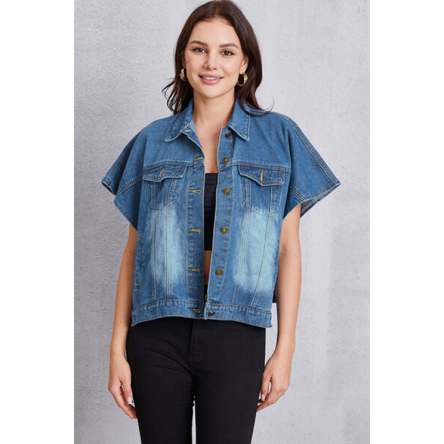 Pocketed Button Up Short Sleeve Denim Top Apparel and Accessories