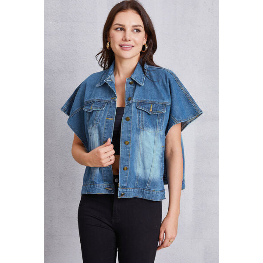 Pocketed Button Up Short Sleeve Denim Top Medium / S Apparel and Accessories