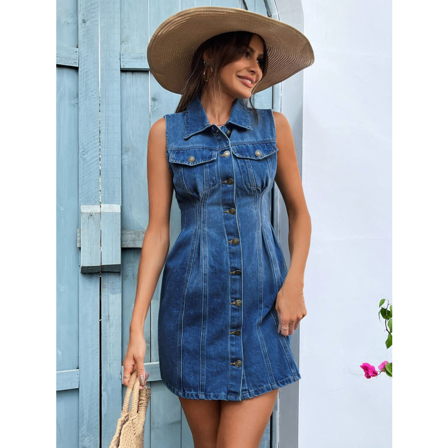 Pocketed Button Up Sleeveless Denim Dress Apparel and Accessories