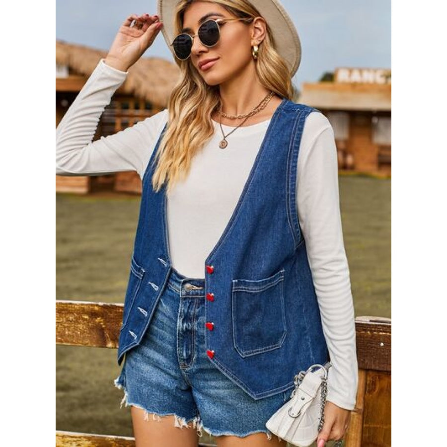 Pocketed Button Up Sleeveless Denim Jacket Apparel and Accessories