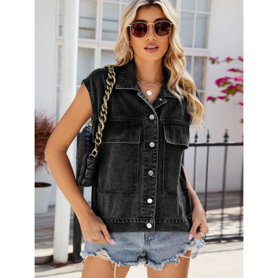 Pocketed Button Up Sleeveless Denim Jacket Apparel and Accessories