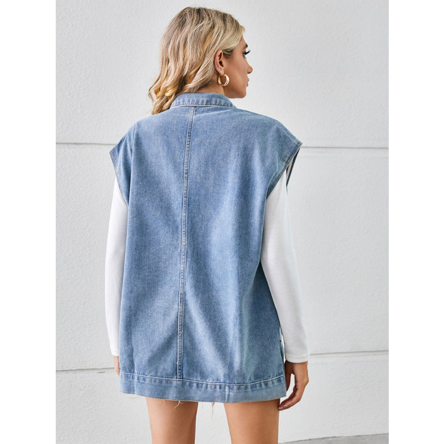 Pocketed Button Up Sleeveless Denim Jacket Apparel and Accessories