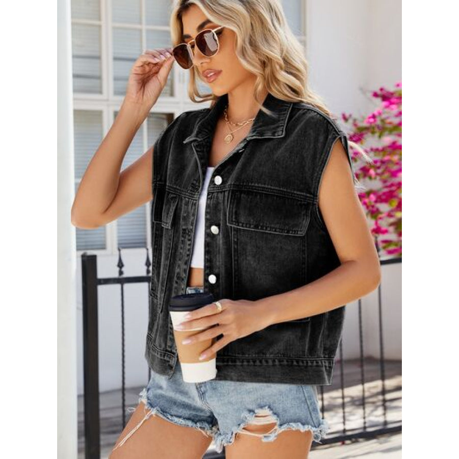 Pocketed Button Up Sleeveless Denim Jacket Apparel and Accessories