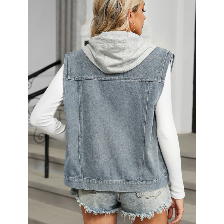 Pocketed Button Up Sleeveless Denim Jacket Apparel and Accessories