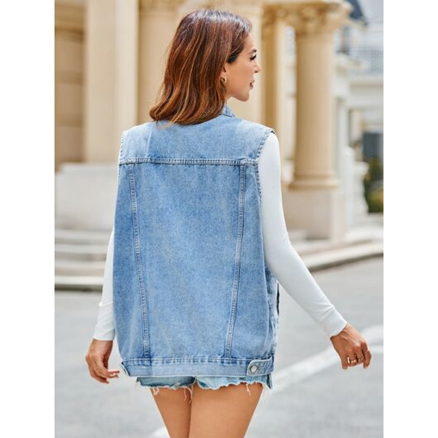 Pocketed Button Up Sleeveless Denim Jacket Apparel and Accessories