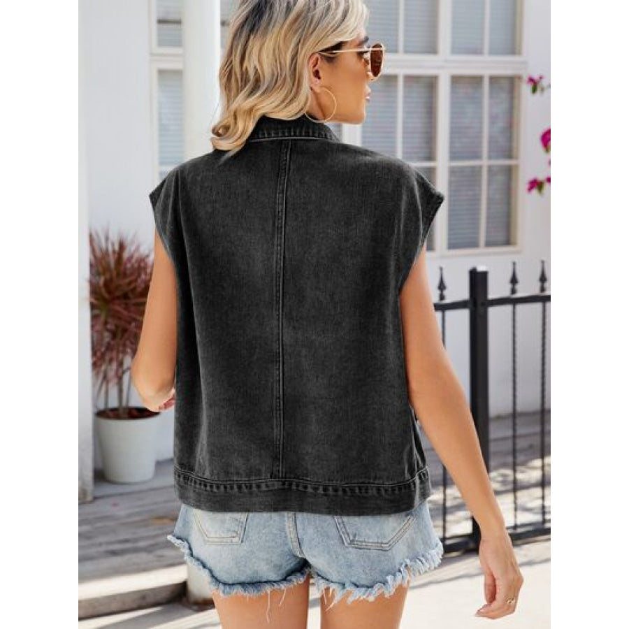 Pocketed Button Up Sleeveless Denim Jacket Apparel and Accessories