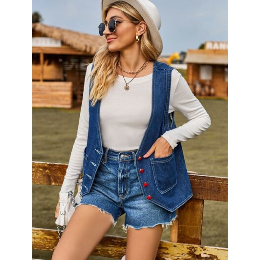 Pocketed Button Up Sleeveless Denim Jacket Apparel and Accessories