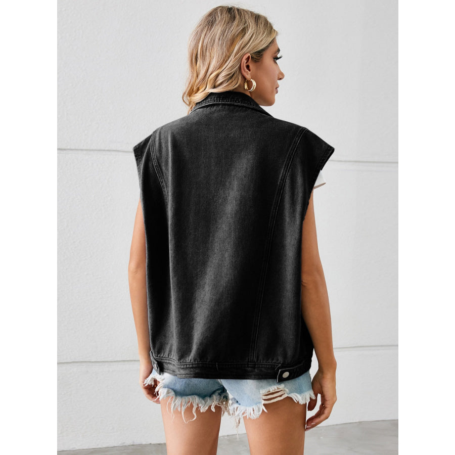 Pocketed Button Up Sleeveless Denim Jacket Black / S Apparel and Accessories