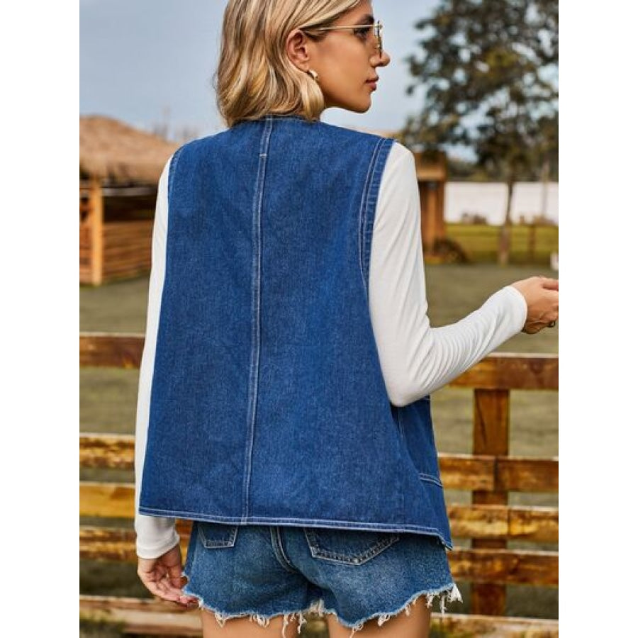 Pocketed Button Up Sleeveless Denim Jacket Apparel and Accessories