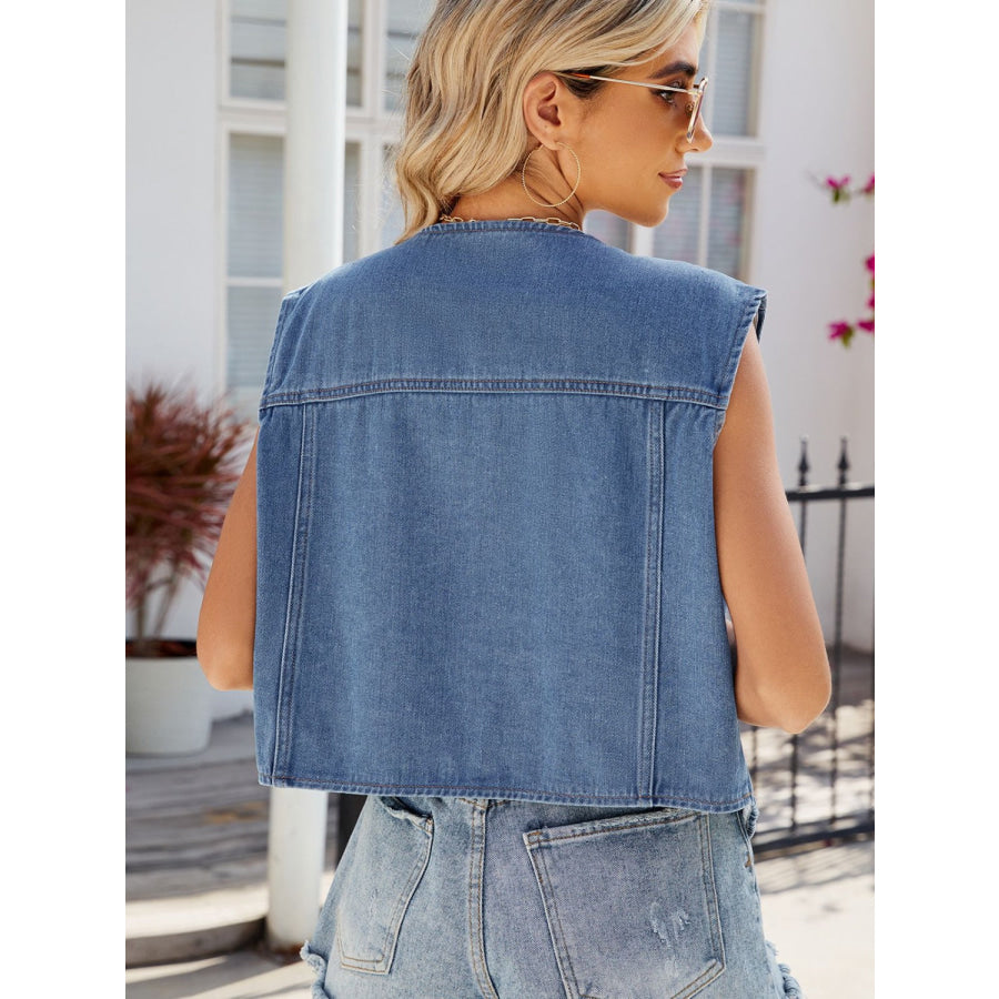 Pocketed Button Up Sleeveless Denim Jacket Apparel and Accessories