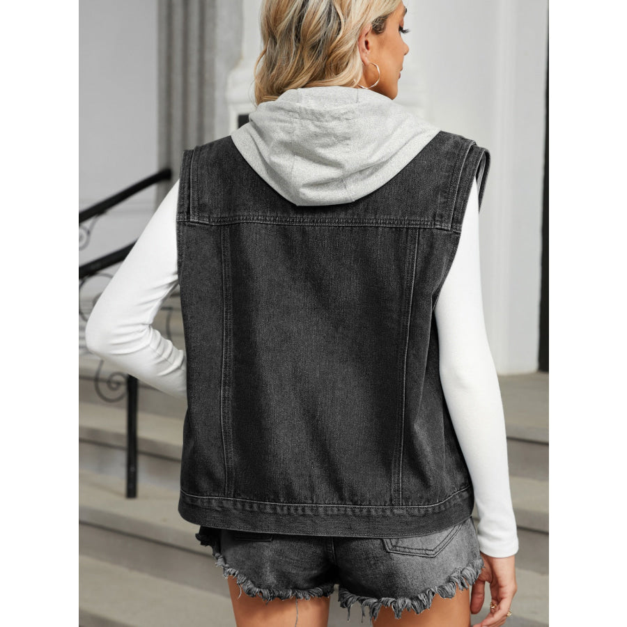 Pocketed Button Up Sleeveless Denim Jacket Apparel and Accessories