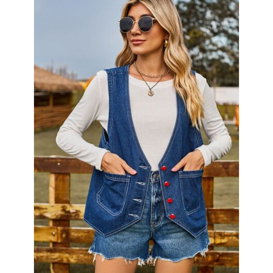 Pocketed Button Up Sleeveless Denim Jacket Apparel and Accessories