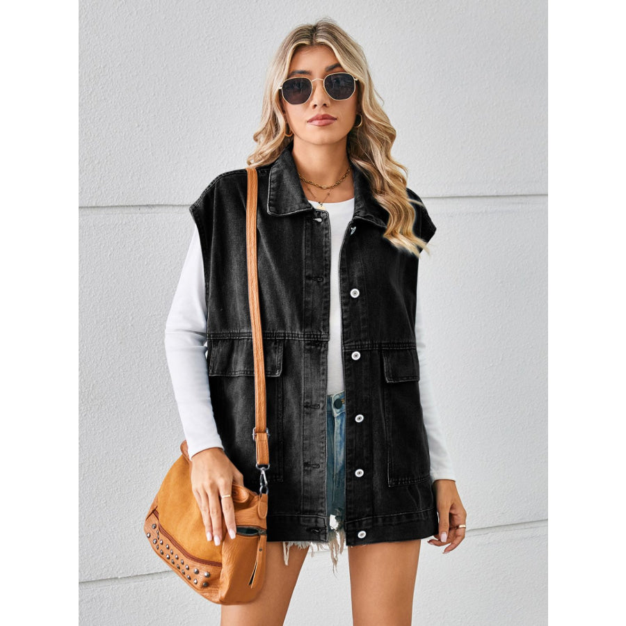 Pocketed Button Up Sleeveless Denim Jacket Apparel and Accessories