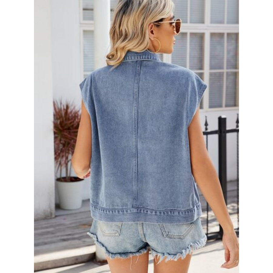 Pocketed Button Up Sleeveless Denim Jacket Apparel and Accessories