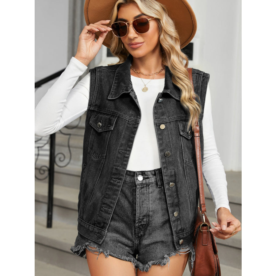 Pocketed Button Up Sleeveless Denim Jacket Black / S Apparel and Accessories