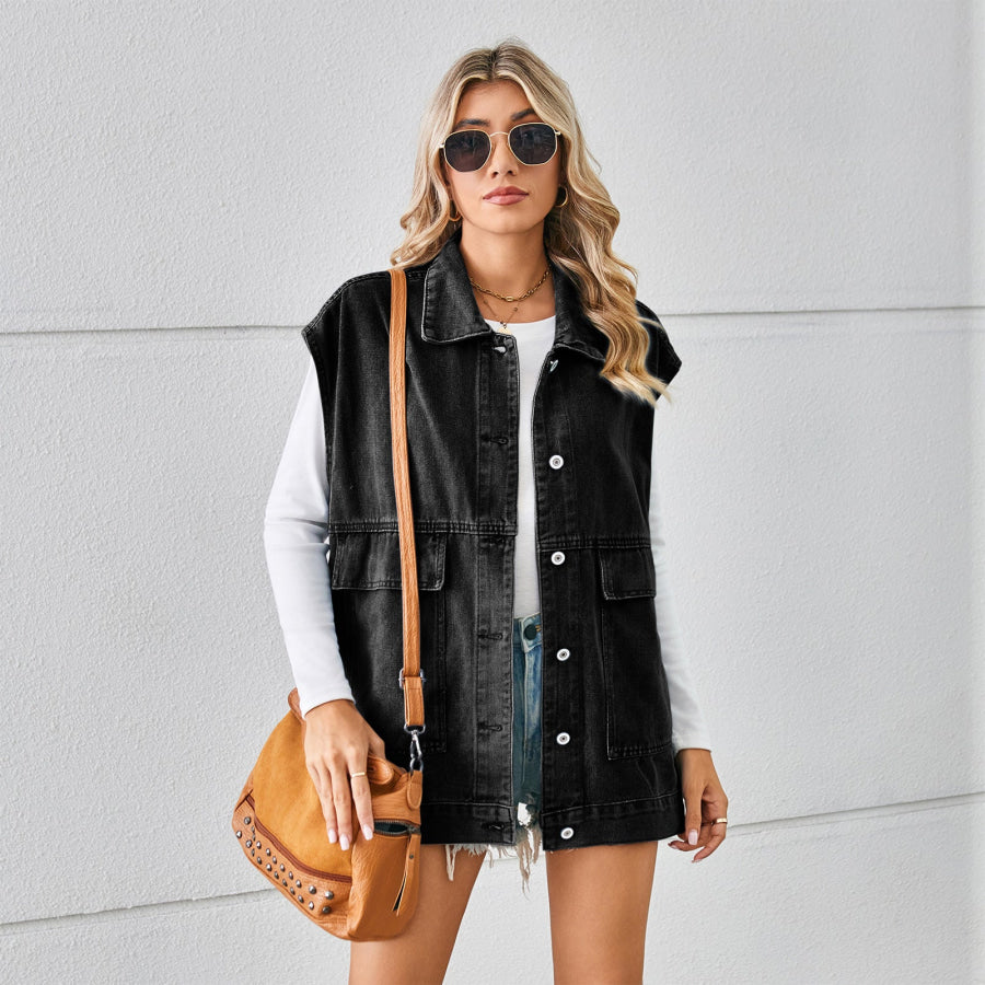 Pocketed Button Up Sleeveless Denim Jacket Black / XS Apparel and Accessories