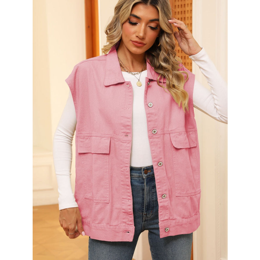Pocketed Button Up Sleeveless Denim Jacket Fuchsia Pink / XS Apparel and Accessories