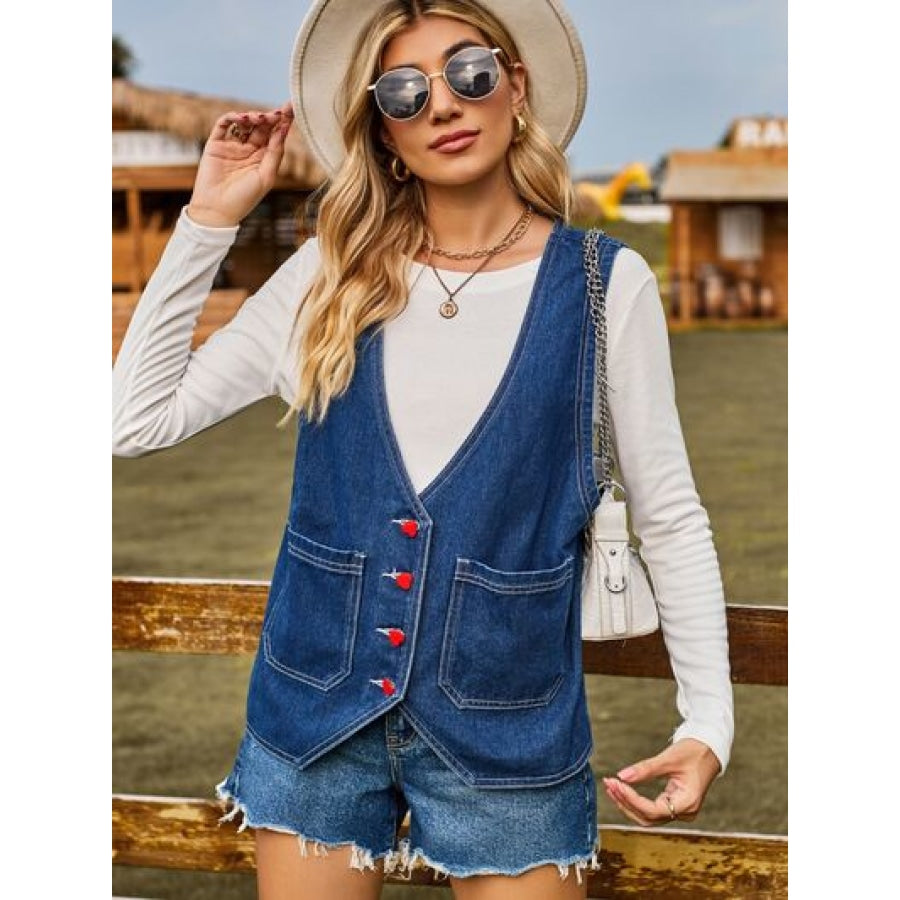 Pocketed Button Up Sleeveless Denim Jacket Navy / S Apparel and Accessories