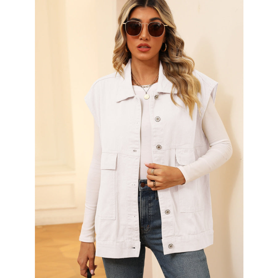 Pocketed Button Up Sleeveless Denim Jacket White / XS Apparel and Accessories