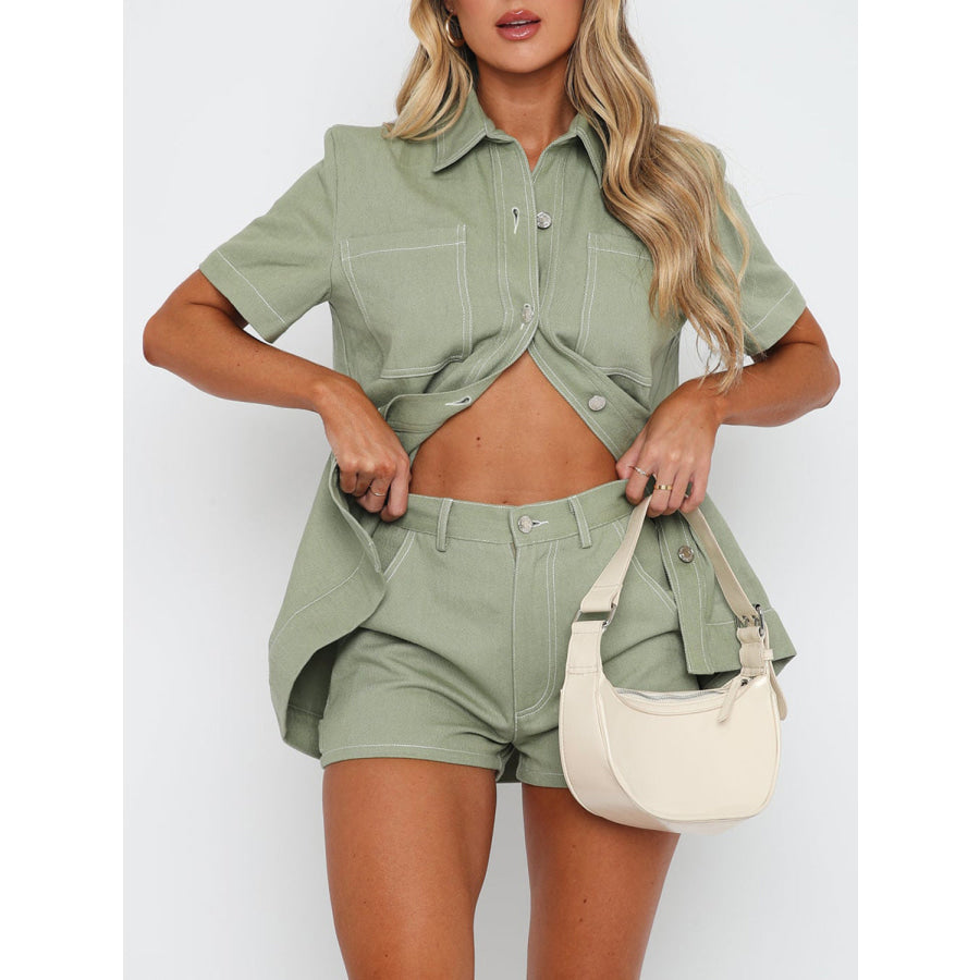 Pocketed Button Up Top and Shorts Set Apparel and Accessories