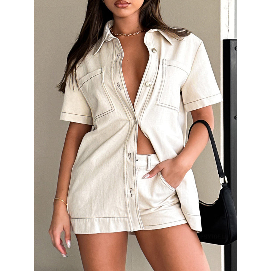 Pocketed Button Up Top and Shorts Set Apparel and Accessories