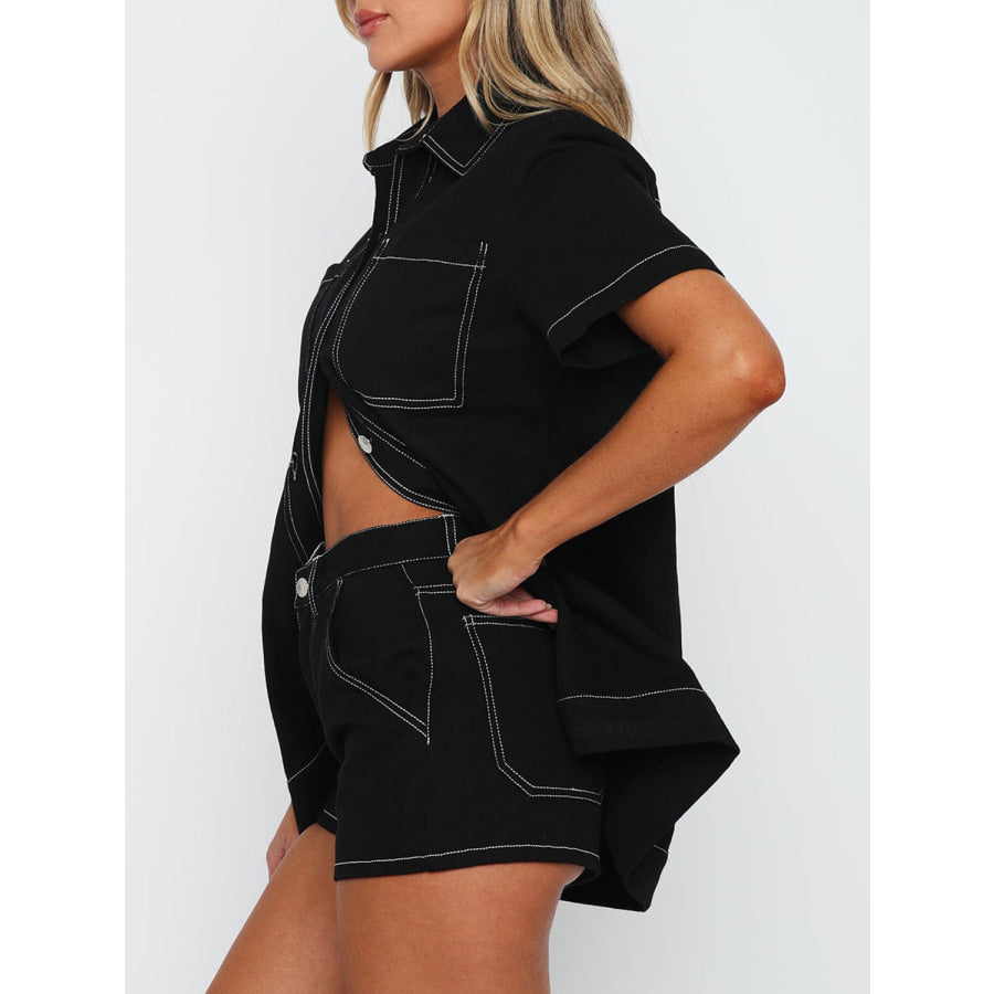 Pocketed Button Up Top and Shorts Set Black / S Apparel and Accessories