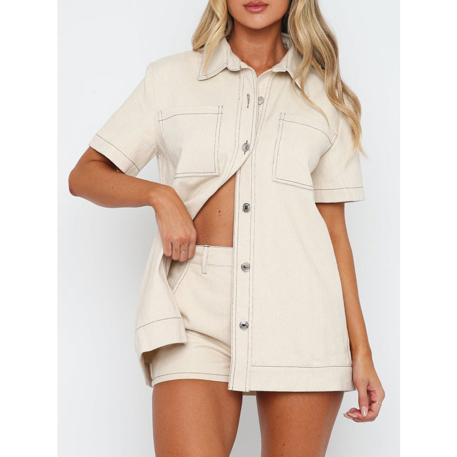 Pocketed Button Up Top and Shorts Set Cream / S Apparel and Accessories