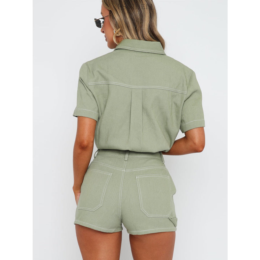 Pocketed Button Up Top and Shorts Set Sage / S Apparel and Accessories