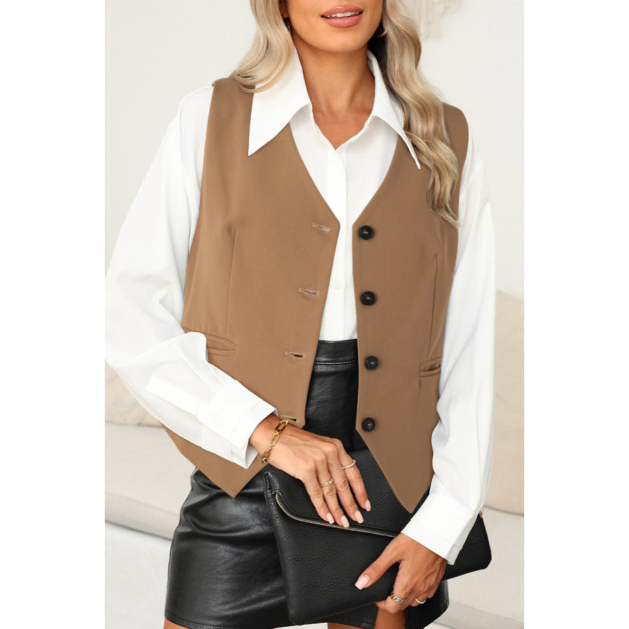 Pocketed Button Up Vest Camel / S Apparel and Accessories