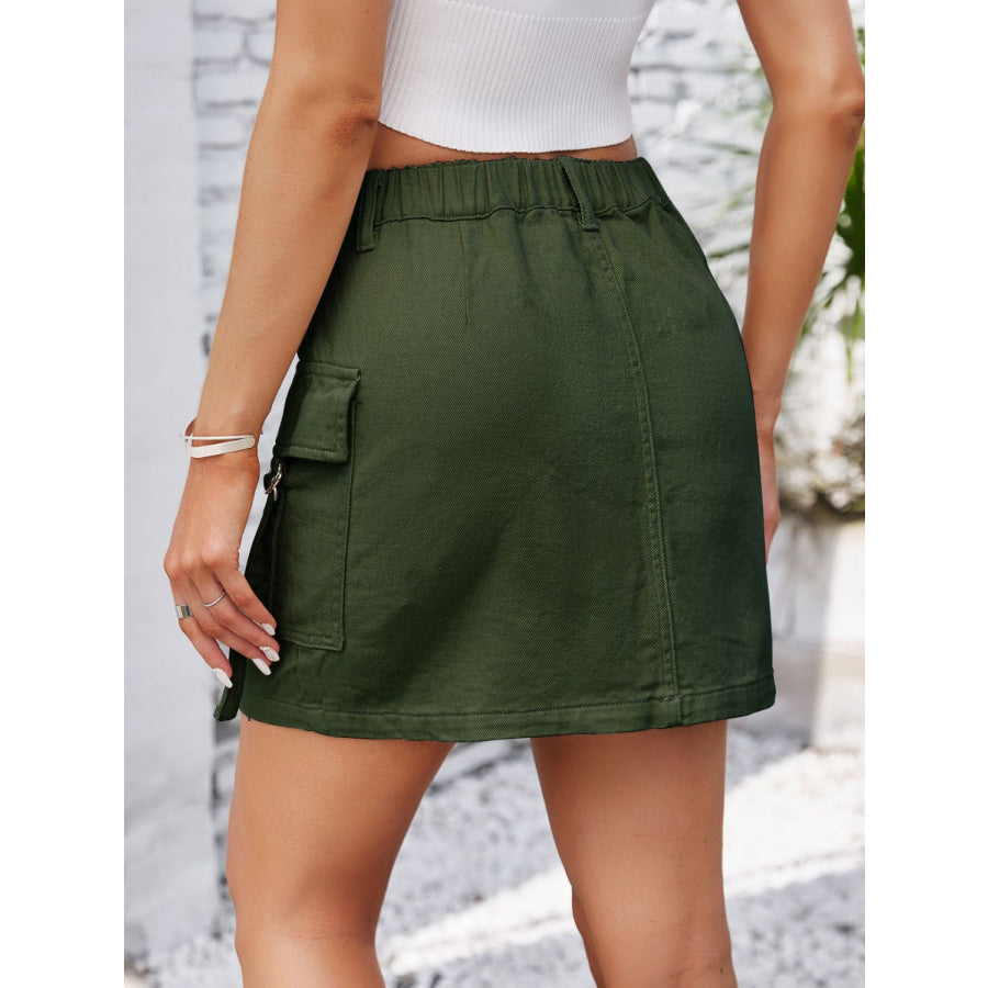 Pocketed Buttoned Denim Skirt Army Green / S Apparel and Accessories