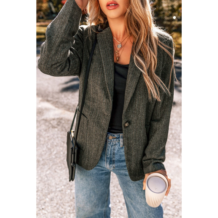 Pocketed Buttoned Long Sleeve Blazer Dark Gray / S Apparel and Accessories