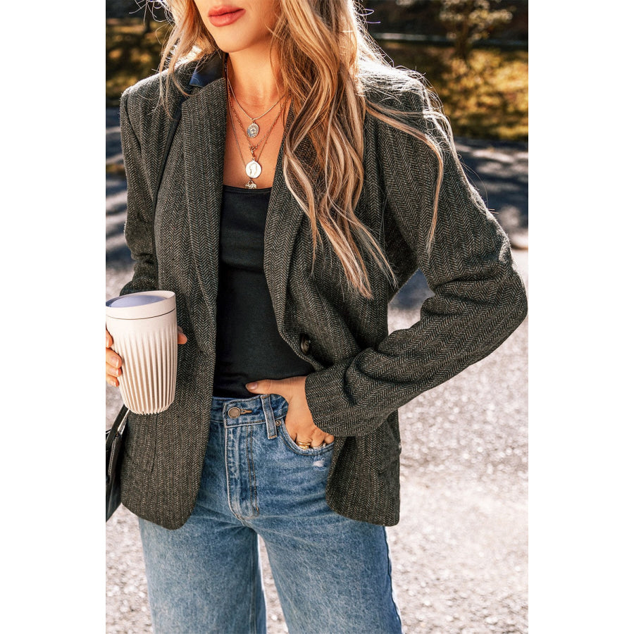 Pocketed Buttoned Long Sleeve Blazer Dark Gray / S Apparel and Accessories