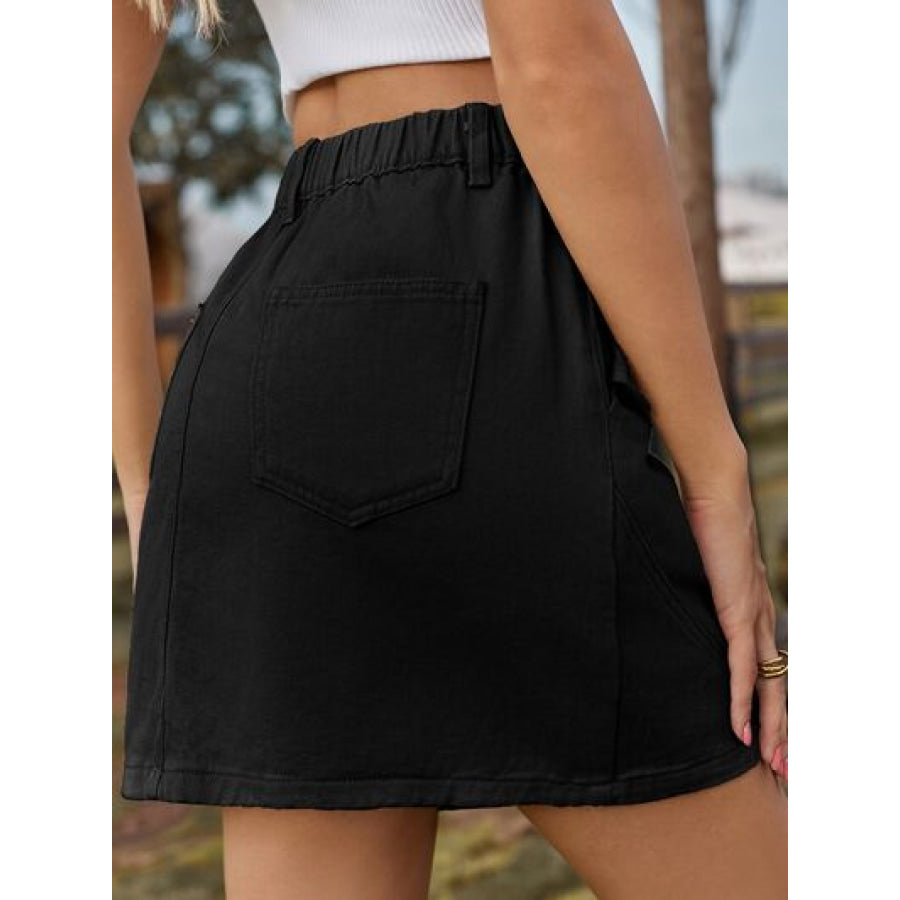Pocketed Buttoned Mini Denim Skirt Apparel and Accessories