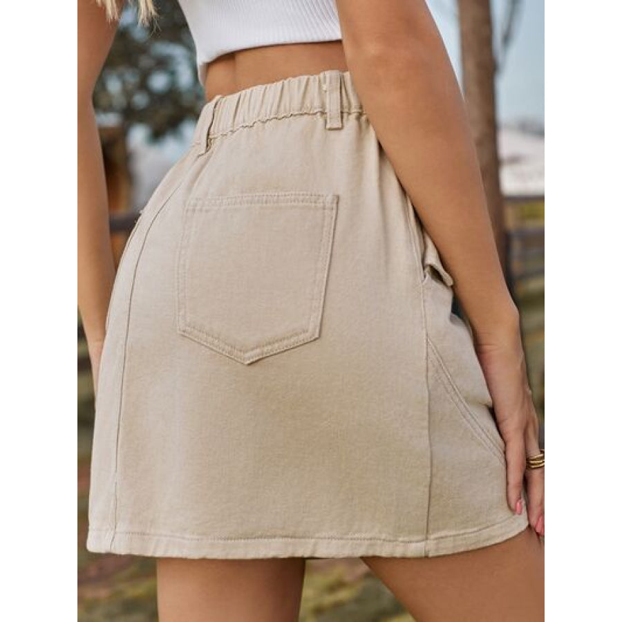Pocketed Buttoned Mini Denim Skirt Sand / S Apparel and Accessories