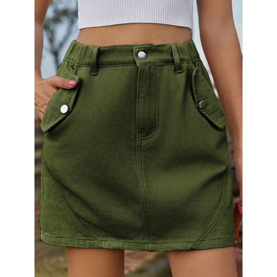 Pocketed Buttoned Mini Denim Skirt Army Green / S Apparel and Accessories