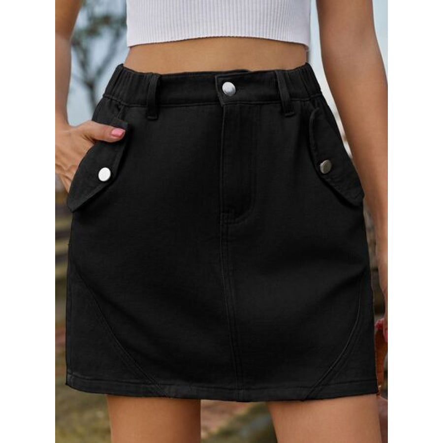 Pocketed Buttoned Mini Denim Skirt Black / S Apparel and Accessories