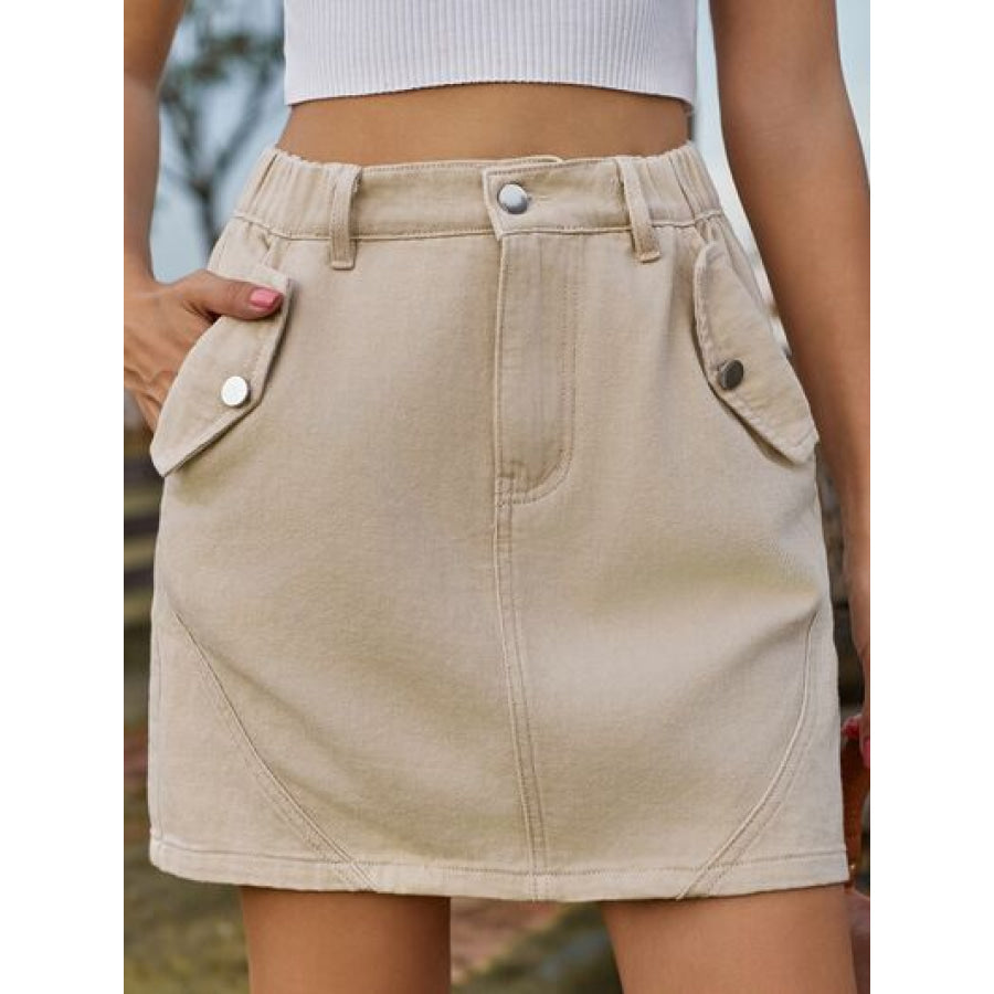 Pocketed Buttoned Mini Denim Skirt Sand / S Apparel and Accessories